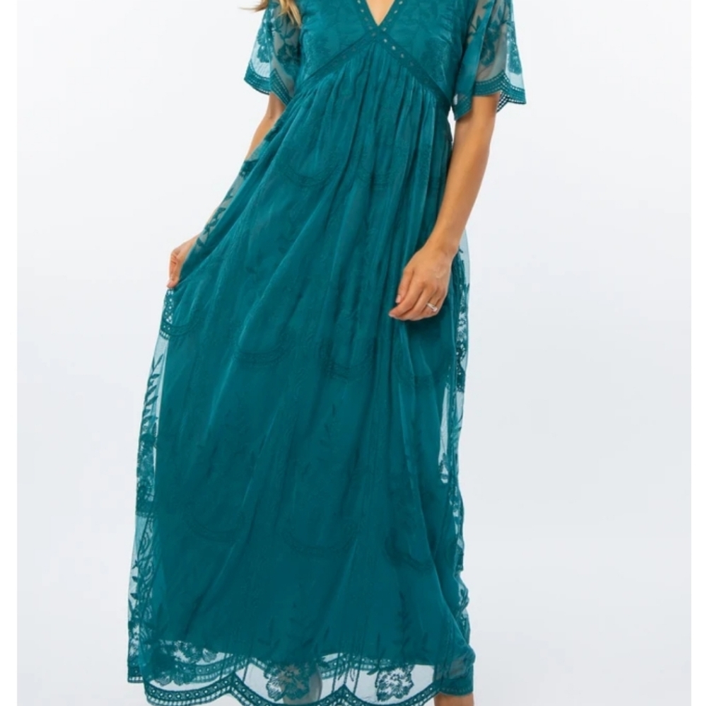 Pink Blush teal lace mesh overlay maternity maxi dress